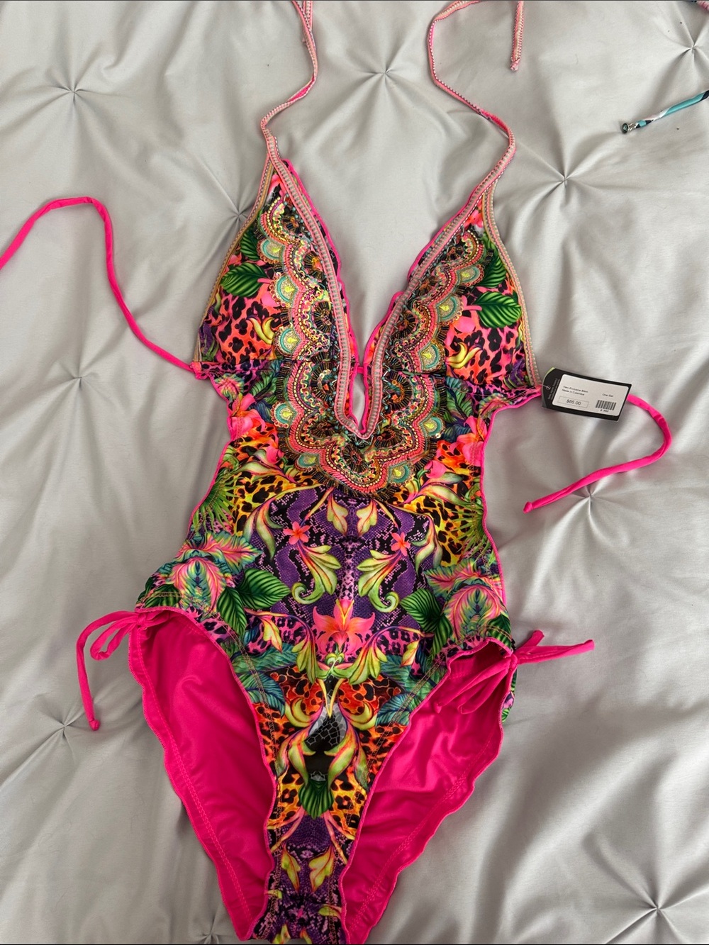 Kids Bright Pink Tropical Print One-Piece Swimsuit
